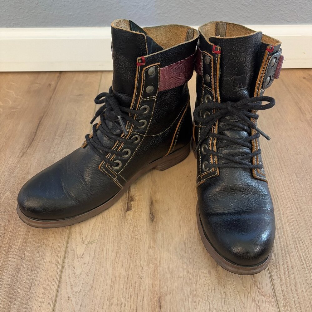 Fly London Black Leather Combat Boots with Brown Accents